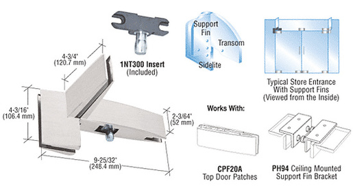 CRL Brushed Stainless Curved Right Hand Sidelite Transom Patch With Support Fin Bracket and 1NT300 Insert