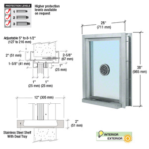 CRL Satin Anodized 28" Wide x 38" High Bullet Resistant Clamp-On Exterior Window With Speak-Thru and Shelf With Deal Tray Protection Level 1