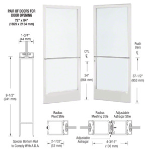 CRL-U.S. Aluminum White KYNAR® Paint Custom Pair Series 250 Narrow Stile Center Pivot Entrance Door for Overhead Concealed Door Closers