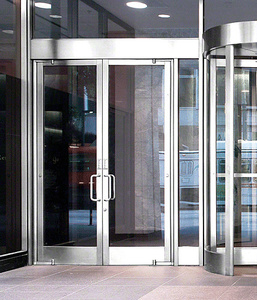 CRL Balancer™ Polished Stainless Aluminum Medium Stile Door for 1" Glazing; 3-11/32" Top Rail; 9-1/2" Bottom Rail; Concealed Hinge Tube Double Doors with Panic