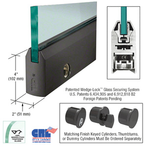 CRL Black Bronze Anodized 3/8" Glass 4" Tapered Door Rail With Lock - 35-3/4" Length