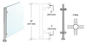 CRL Polished Stainless 18" x 1" PP49 Slimline Series Round Partition 4-Way Post