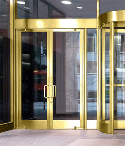 CRL Balancer™ Satin Brass Aluminum Wide Stile Door for 1/4" Glazing; 5-1/2" Top Rail; 9-1/2" Bottom Rail; Exposed Hinge Tube Double Doors; With Panic
