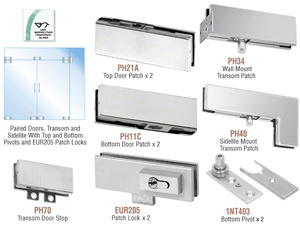 CRL Brushed Stainless European Patch Door Kit for Double Doors for Use with Fixed Transom and One Sidelite - With Lock