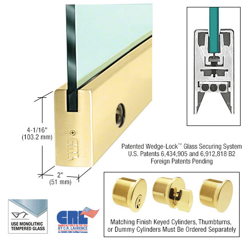 CRL Polished Brass 3/8" Glass 4" Square Door Rail With Lock - 35-3/4" Length