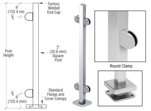 CRL Polished Stainless 36" Steel Square Glass Clamp 180 Degree Center Square Post Railing Kit
