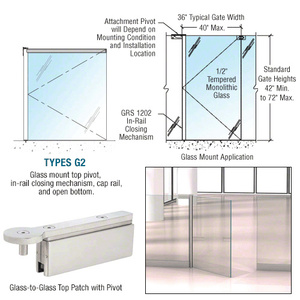 CRL Brushed Stainless 1202 Series Custom Glass-to-Glass Mounted Gate w/In-Rail Closing Mechanism, Cap Rail, and Open Bottom