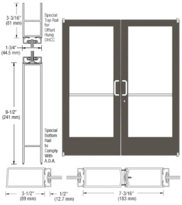 CRL-U.S. Aluminum Bronze Black Anodized Custom Pair Series 400 Medium Stile Offset Pivot Entrance Doors for Overhead Concealed Door Closers
