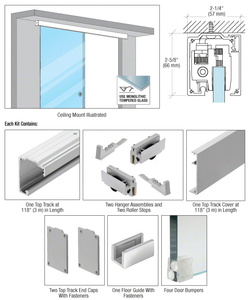 CRL280 Series Brushed Stainless Anodized Series Single Sliding Door Wall or Ceiling Mount Installation Kit for 1/2" (12 mm) Tempered Glass