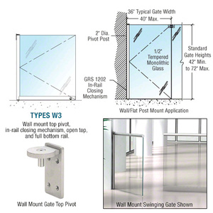 CRL Brushed Stainless 1202 Series 36 x 42 Wall Mounted Gate w/In-Rail Closing Mechanism, Open Top, and Full Bottom Rail