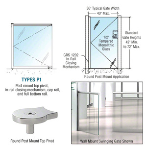 CRL Polished Stainless 1202 Series 36 x 60 Post Mounted Gate w/In-Rail Closing Mechanism, Cap Rail, and Full Bottom Rail