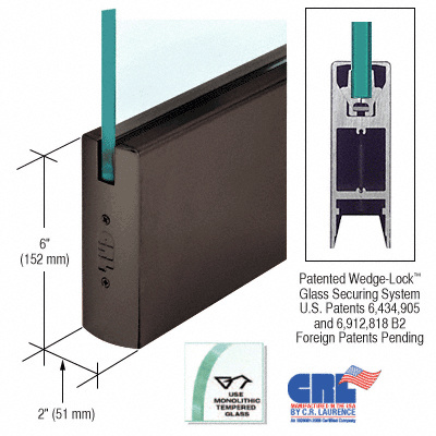 CRL Black Bronze Anodized 3/8" Glass 6" Square Door Rail Without Lock - 35-3/4" Length
