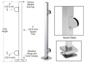 CRL Polished Stainless 42" Steel Round Glass Clamp End Square Post Railing Kit
