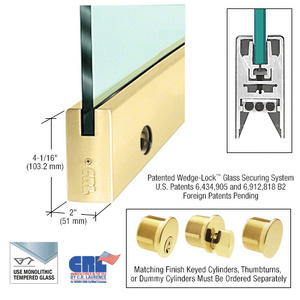 CRL Polished Brass 1/2" Glass 4" Square Door Rail With Lock - Custom Length