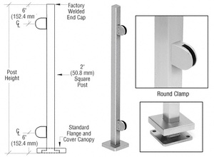 CRL Brushed Stainless 42" Steel Round Glass Clamp End Square Post Railing Kit