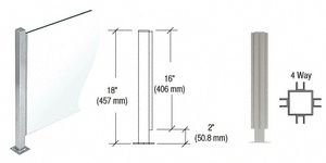 CRL Brushed Stainless 18" High 1" Square PP47 Mini Plaza Series Partition 4-Way Post with U-Channel