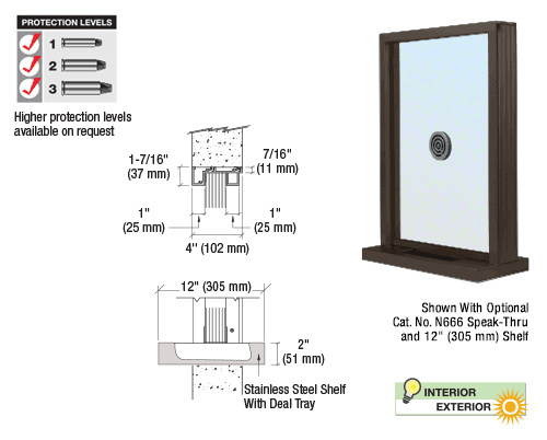 CRL Duranodic Bronze Anodized Aluminum Narrow Inset Frame Exterior Glazed Exchange Window with 12" Shelf and Deal Tray