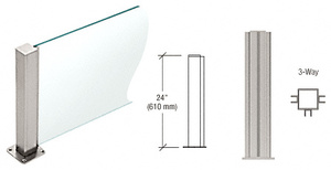 PP43 Plaza Series Post for 3/8" (10 mm) Glass, Brushed Stainless 24" High, 1-1/2" Square, 3-Way Post