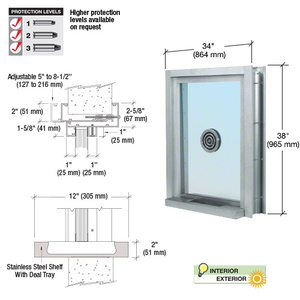 CRL Satin Anodized 34" Wide x 38" High Bullet Resistant Clamp-On Exterior Window With Speak-Thru and Shelf With Deal Tray Protection Level 1