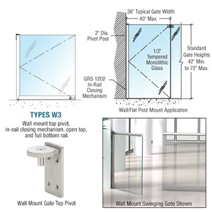 CRL Brushed Stainless 1202 Series Custom Wall Mounted Gate w/In-Rail Closing Mechanism, Open Top, and Full Bottom Rail