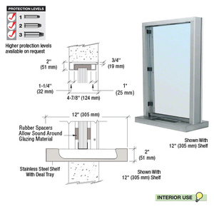 CRL Brushed Stainless Steel Frame Interior Glazed Exchange Window with 12" Shelf and Deal Tray