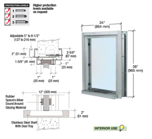 CRL Satin Anodized 34" Wide x 38" High Bullet Resistant Interior Window With Surround Sound and 12" Shelf With Deal Tray