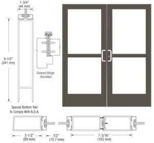 CRL-U.S. Aluminum Bronze Black Anodized Custom Pair Series 400 Medium Stile Geared Hinge Entrance Doors for Surface Mount Door Closers