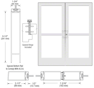 CRL-U.S. Aluminum White KYNAR® Paint Custom Pair Series 400 Medium Stile Geared Hinge Entrance Doors for Surface Mount Door Closers