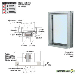 CRL Satin Anodized Aluminum Clamp-On Frame Interior Glazed Exchange Window with 12" Shelf and Deal Tray