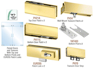 CRL Satin Brass European Patch Door Kit for Double Doors for Use with Fixed Transom - With Lock