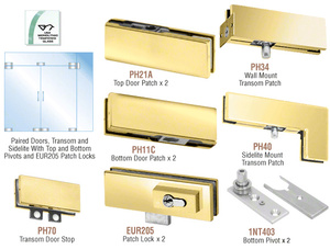 CRL Polished Brass European Patch Door Kit for Double Doors for Use with Fixed Transom and One Sidelite - With Lock