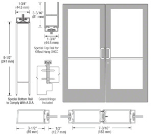 CRL-U.S. Aluminum Clear Anodized Custom Pair Series 400 Medium Stile Geared Hinge Entrance Door for Overhead Concealed Door Closers