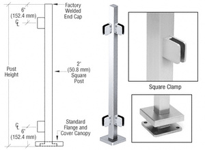 CRL Polished Stainless 42" Steel Square Glass Clamp 90 Degree Corner Post Railing Kit