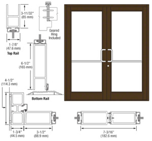 CRL-U.S. Aluminum Bronze Black Anodized Custom Pair Series 800 Durafront Medium Stile Geared Hinge Entrance Doors for Surface Mount Door Closers