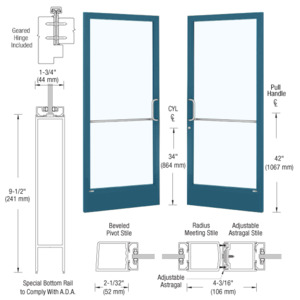 CRL-U.S. Aluminum Custom KYNAR® Paint Custom Pair Series 250 Narrow Stile Geared Hinge Entrance Doors With ADA Bottom Rail for Surface Mount Door Closers