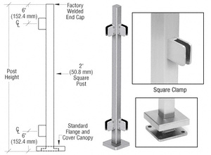 CRL Brushed Stainless 42" Steel Square Glass Clamp 90 Degree Corner Post Railing Kit