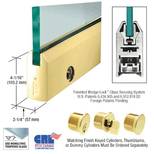 CRL Polished Brass 3/4" Glass 4" Tapered Door Rail With Lock - 35-3/4" Length