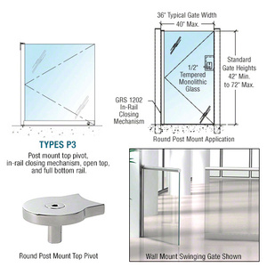 CRL Polished Stainless 1202 Series Custom Post Mounted Gate w/In-Rail Closing Mechanism, Open Top, and Full Bottom Rail