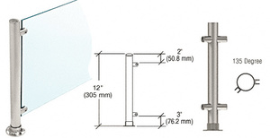 CRL Brushed Stainless 12" High 1" Round PP55 Slimline Series Straight Front Counter/Partition 135 Degree Post