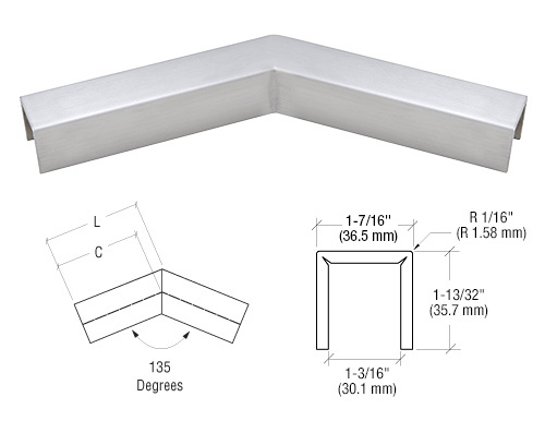 CRL 316 Brushed Stainless L10 Series U-Channel 135 Degree Horizontal Corner for 21.52 mm Laminated Glass Cap Railing
