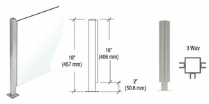 CRL Brushed Stainless 18" High 1" Square PP47 Mini Plaza Series Partition 3-Way Post with U-Channel