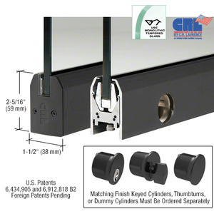 Black Powder Coated Low Profile Tapered DRS Door Patch Rail With Lock for 3/8" Glass - 8" Length