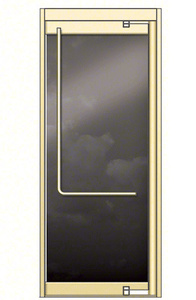 CRL Premium Satin Brass Aluminum Temp Glass No stile for 1/2" Glazing; Satin Brass 4" Top Rail; 4 3/4" Bottom Rail; Exposed Hinge Tube; RHR Door with Lock