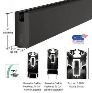 CRL Black Powder Coat 4" x 240" Square Sidelite Rail for 3/4" Glass