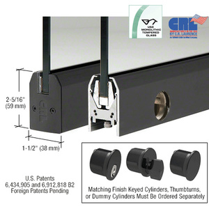 CRL Black Powder Coat 1/2" Glass Low Profile Tapered Door Rail With Lock - 35-3/4" Length