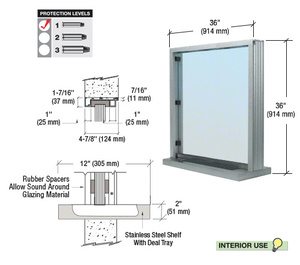 CRL Satin Anodized Bullet Resistant 36" Wide Interior Window with Surround Sound and Shelf with Deal Tray for 4-7/8" Thick Walls