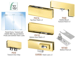 CRL Satin Brass European Patch Door Kit for Double Doors for Use with Fixed Transom and Two Sidelites - With Lock