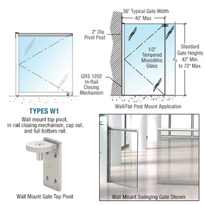 CRL Brushed Stainless 1202 Series 36 x 60 Wall Mounted Gate w/In-Rail Closing Mechanism, Cap Rail, and Full Bottom Rail