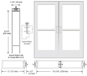 CRL-U.S. Aluminum White KYNAR® Paint Custom Pair Series 550 Wide Stile Geared Hinge Entrance Doors With Panics for Surface Mount Door Closers