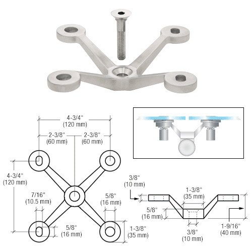 CRL Brushed Stainless Four Arm Spider Fitting 'V' Post Mount